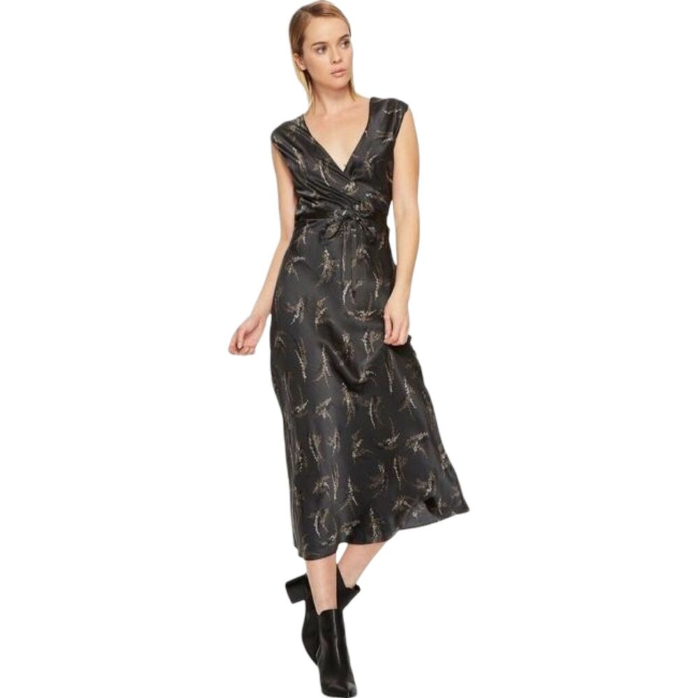 Vince 100% Silk Sleeveless V-Neck Maxi Dress Leaf Print Charcoal Size M NWOT